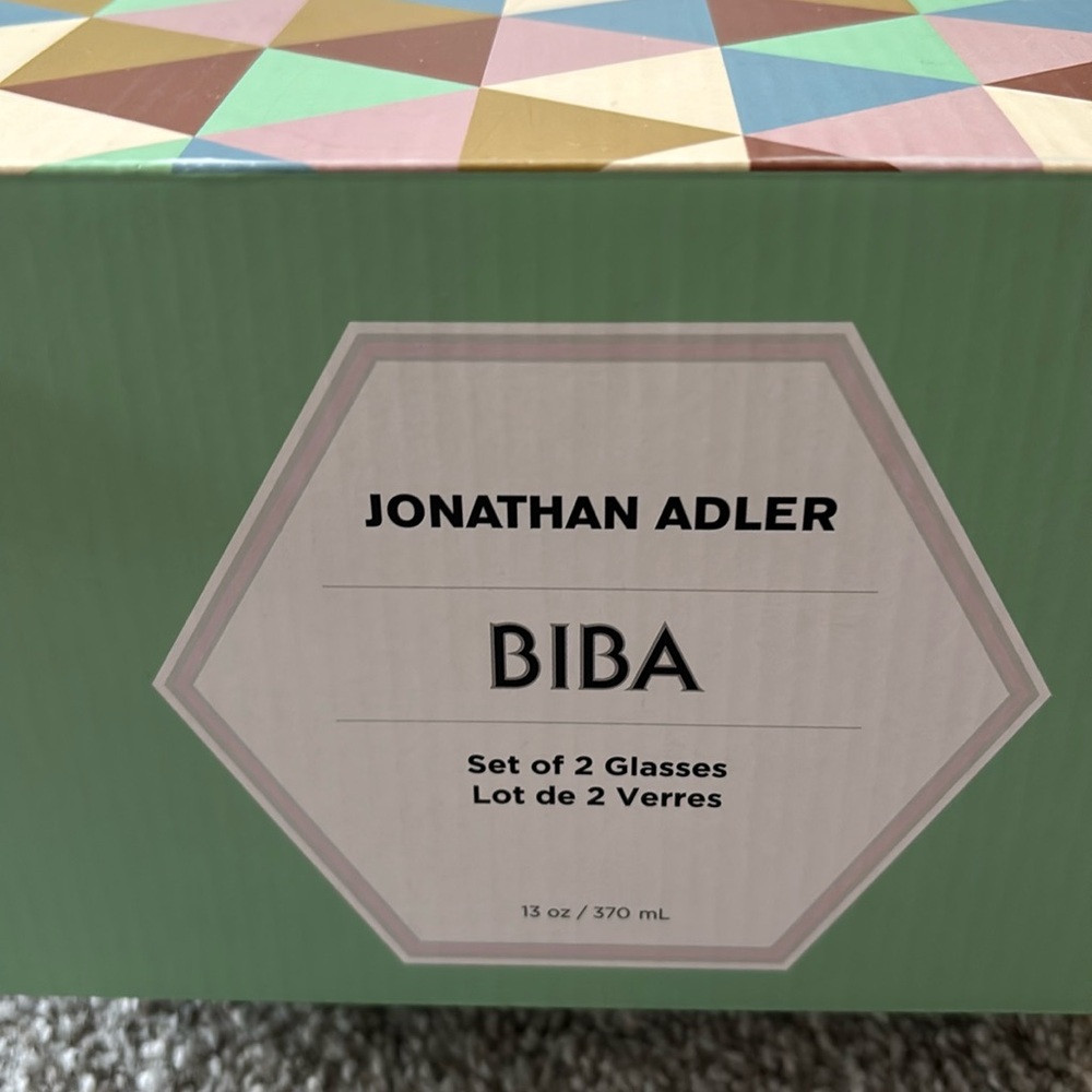 NEW JONATHAN ADLER BIBA Ribbed Glasses SET OF 2 green glass, 13 oz